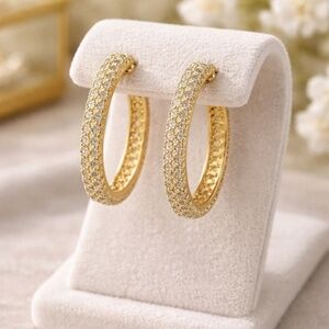 14k gold earrings hoops with pave setting in front an solid in back - REVERSIBLE